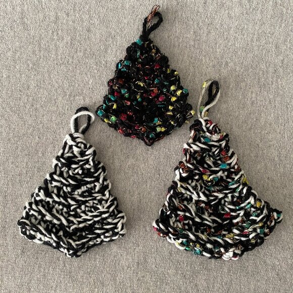 Handmade Crochet Black White Holiday Christmas Tree Hanging Decorations Set of 3 - Picture 2 of 5